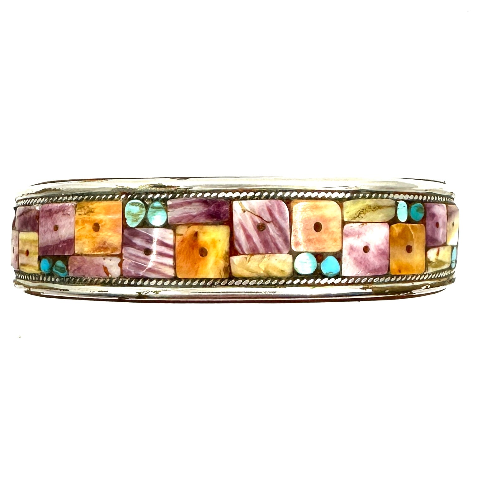 Charlie Favour Turquoise Inlay Cuff with Spiny Oyster Shell Beads