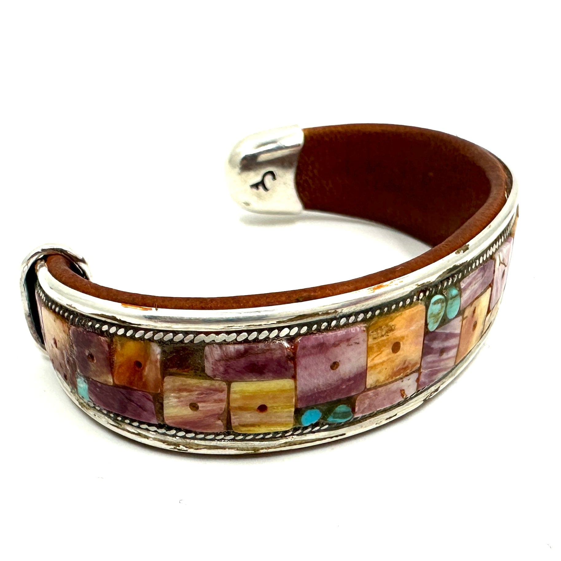 Charlie Favour Turquoise Inlay Cuff with Spiny Oyster Shell Beads