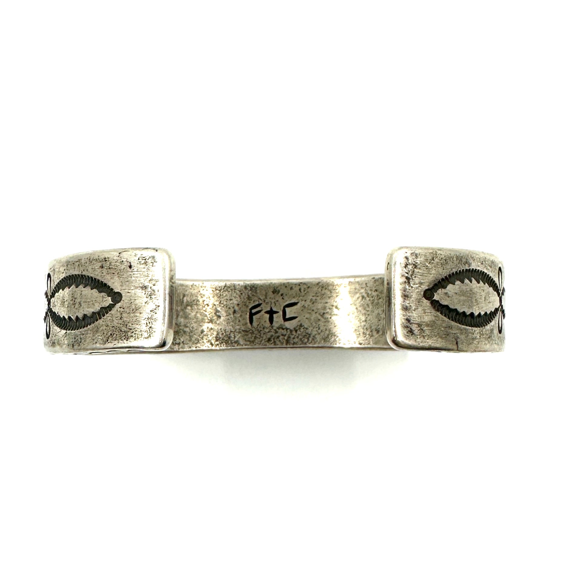 Heavy Silver Stamped Bracelet with Kingman Turquoise by Joe O'Neill (Falcon Trading Company)