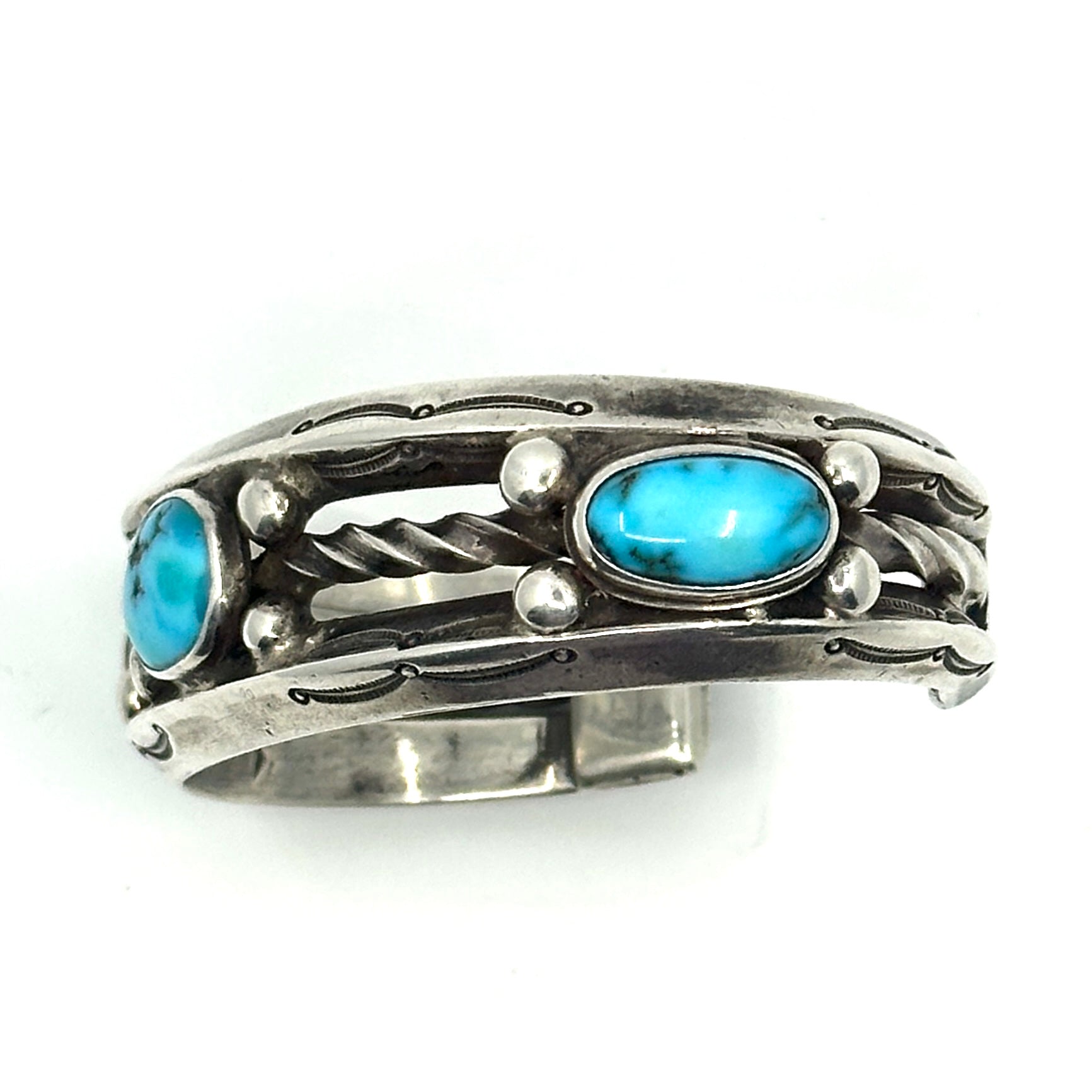 Vintage Double Carinated Twist Wire Cuff with Turquoise