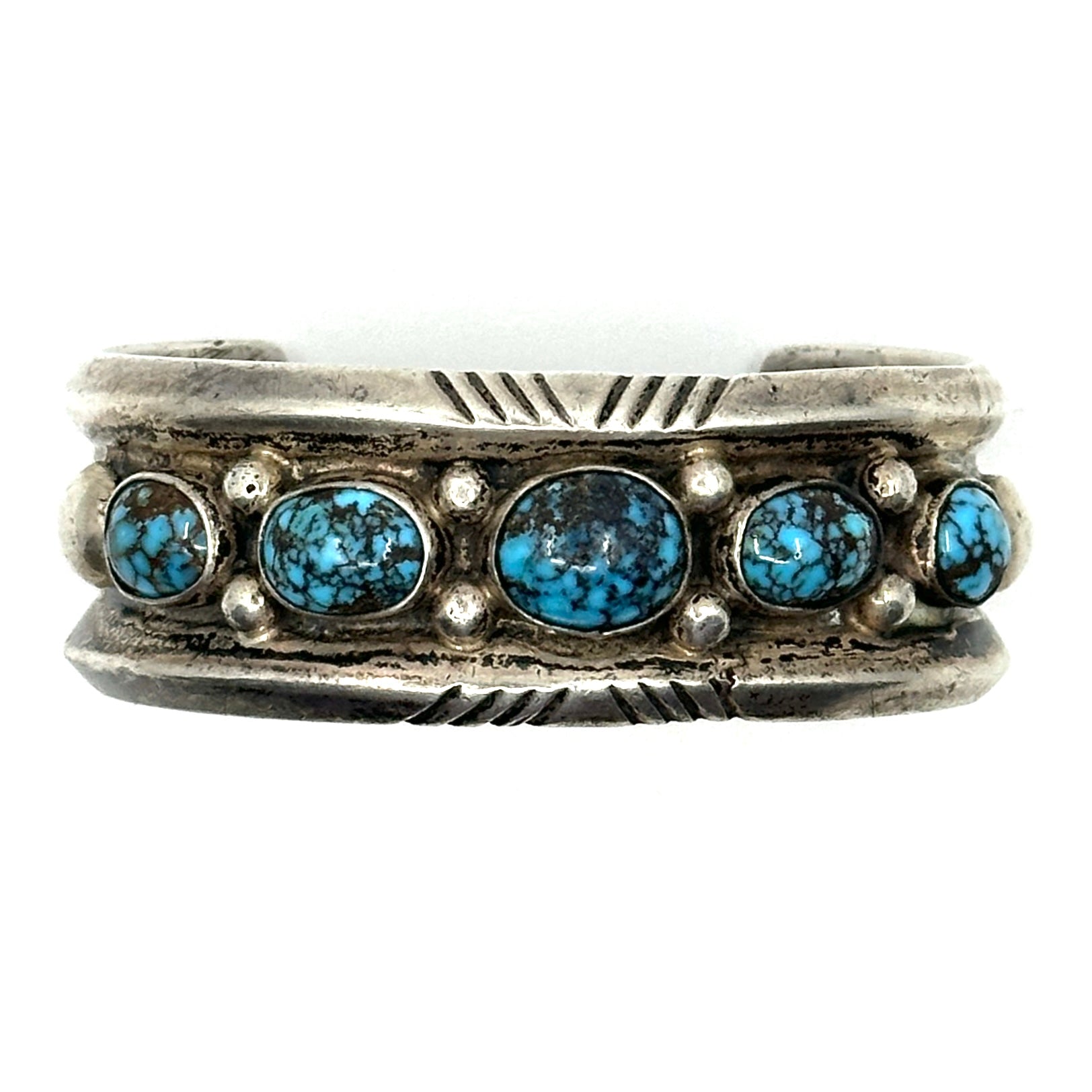 Vintage Navajo Ingot Cuff with Five High-Grade Persian Turquoise Stones