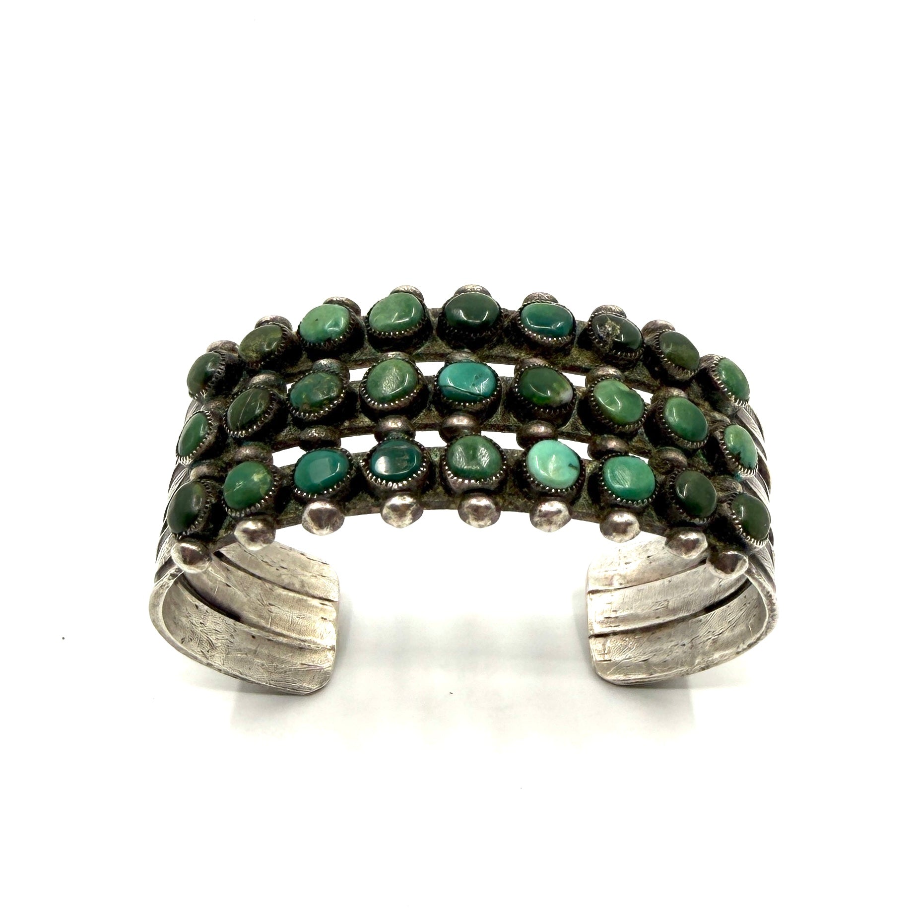 Vintage Zuni Row Bracelet with 27 Green Turquoise Stones