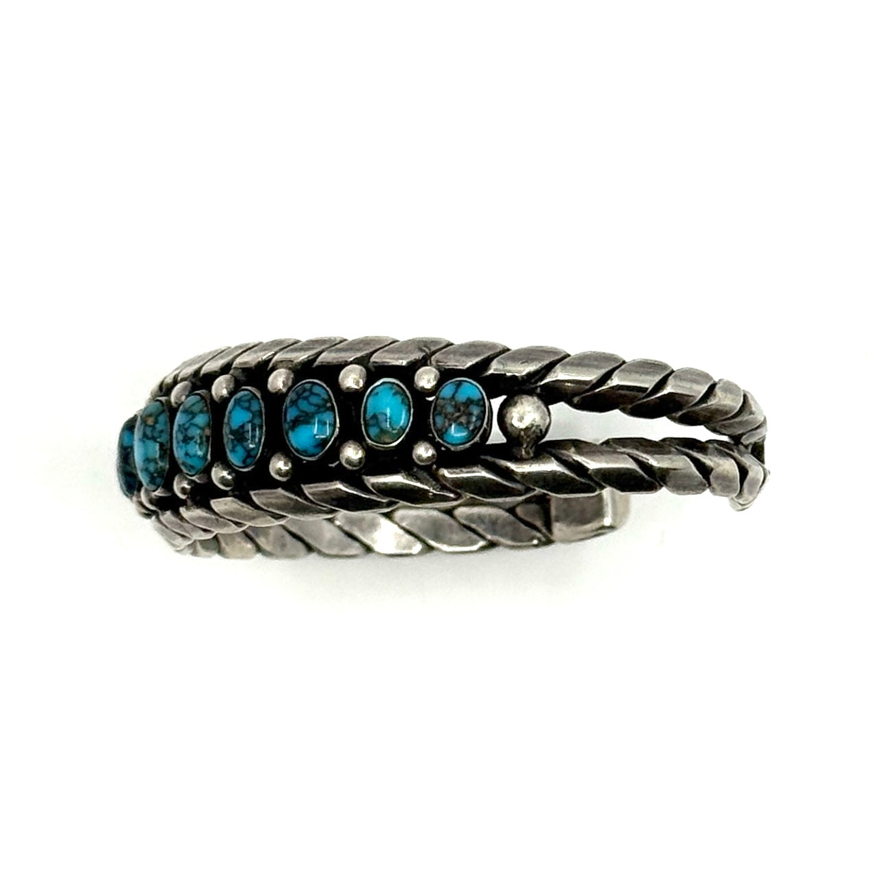 Vintage Formed Twist Wire Row Bracelet with 11 High-Grade Lone Mountain Turquoise Stones