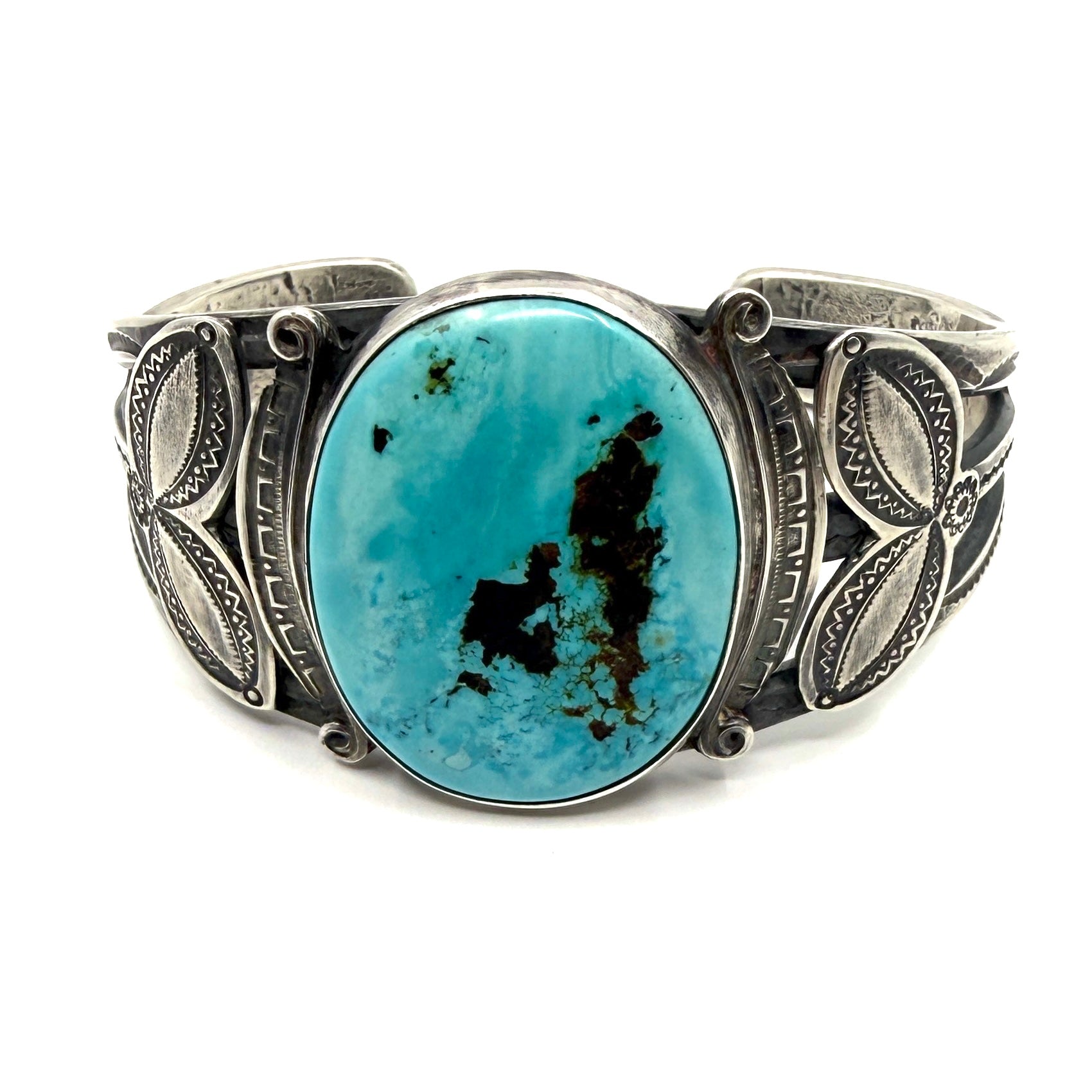 Vintage Ingot Split Shank Bracelet with Large Turquoise Stone and Applique Stamp Work