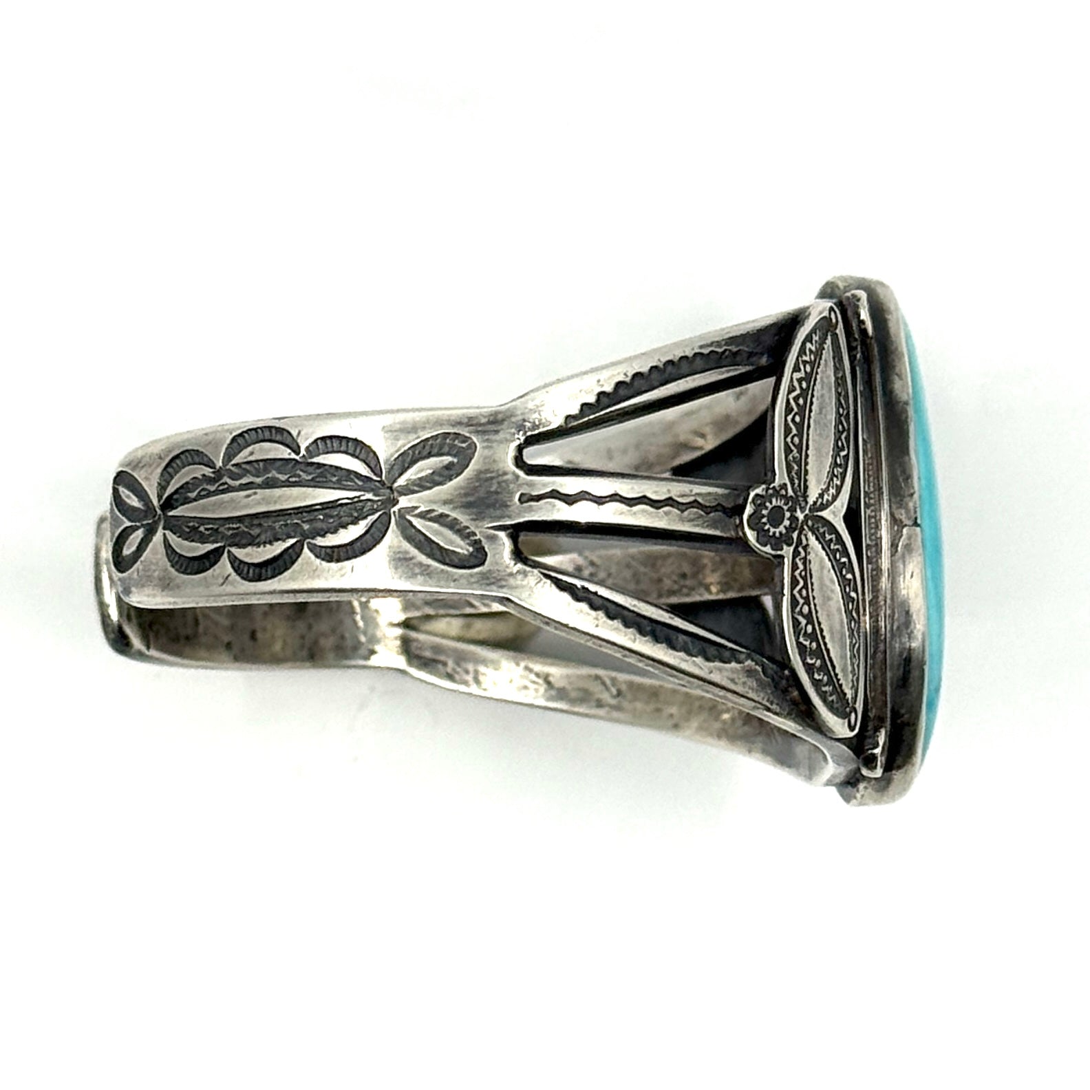 Vintage Ingot Split Shank Bracelet with Large Turquoise Stone and Applique Stamp Work