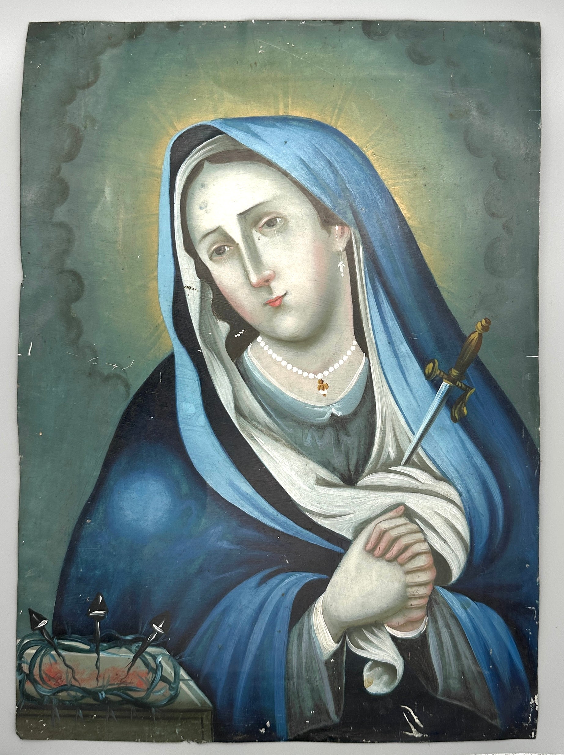 Antique Mexican Retablo Blue Virgin