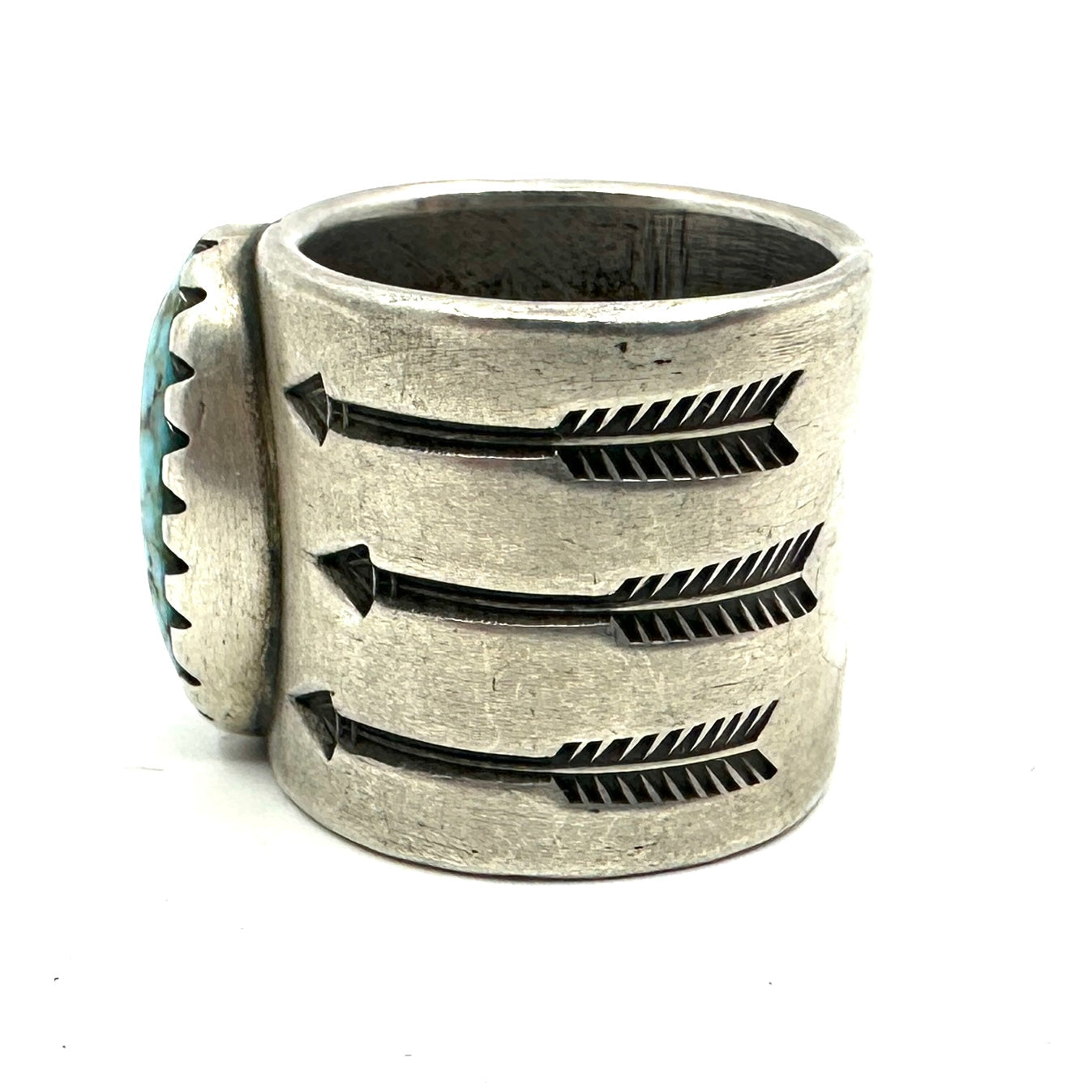 Wide Coin Silver Ring with Candelaria Turquoise and Arrow Stamps by Joe O'Neill (Falcon Trading Company)