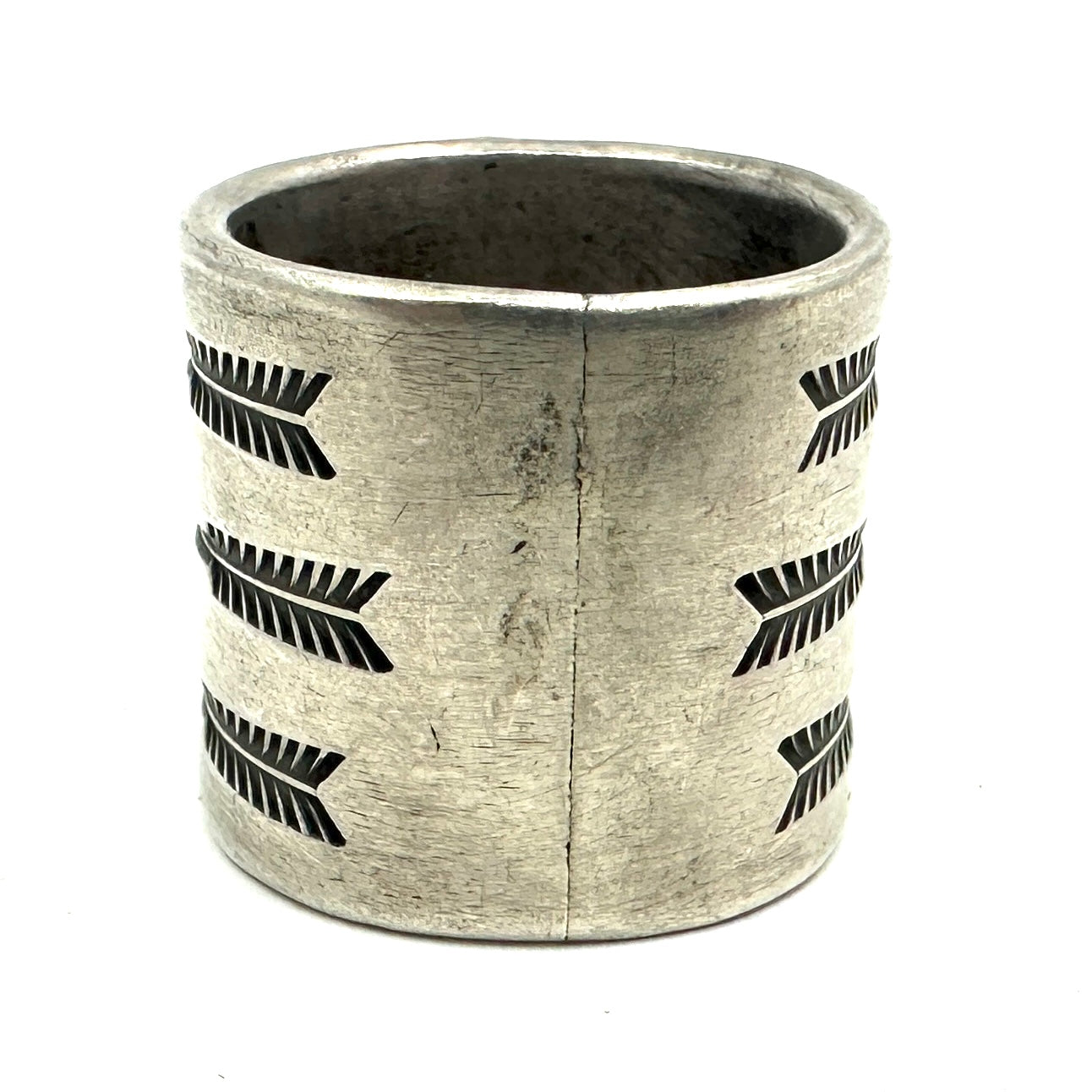 Wide Coin Silver Ring with Candelaria Turquoise and Arrow Stamps by Joe O'Neill (Falcon Trading Company)