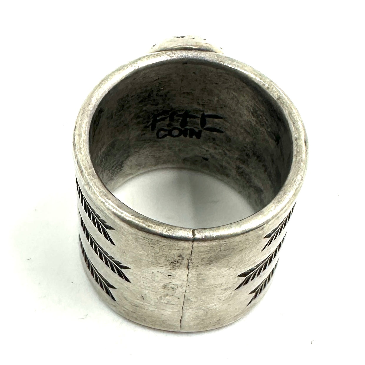 Wide Coin Silver Ring with Candelaria Turquoise and Arrow Stamps by Joe O'Neill (Falcon Trading Company)