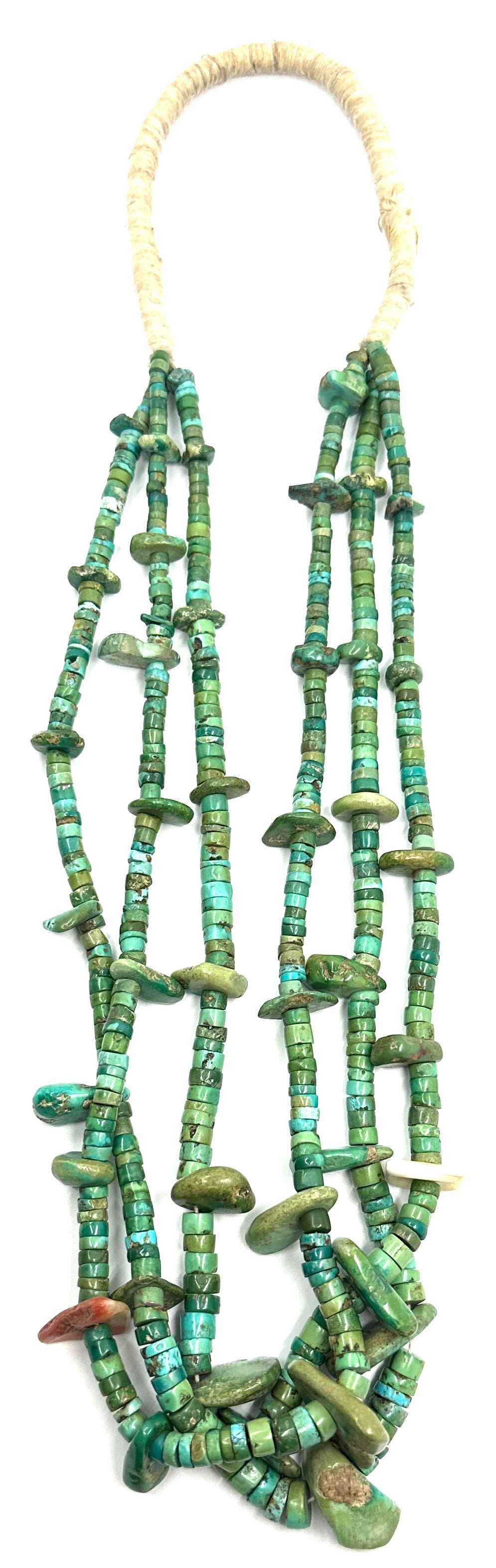 Vintage 3-Strand Turquoise Tab Necklace with Greasy Green Heishi Beads