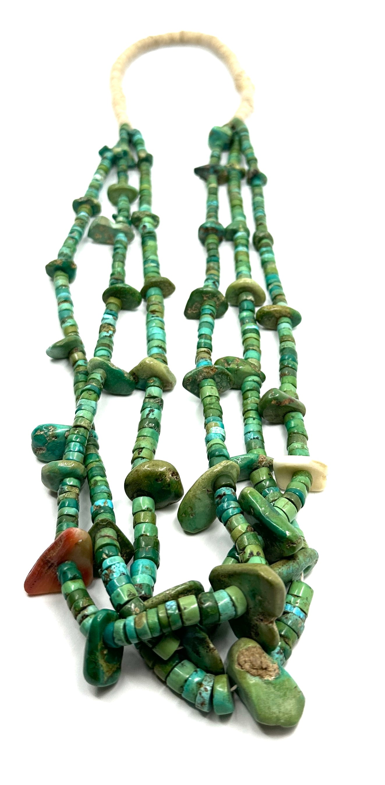 Vintage 3-Strand Turquoise Tab Necklace with Greasy Green Heishi Beads