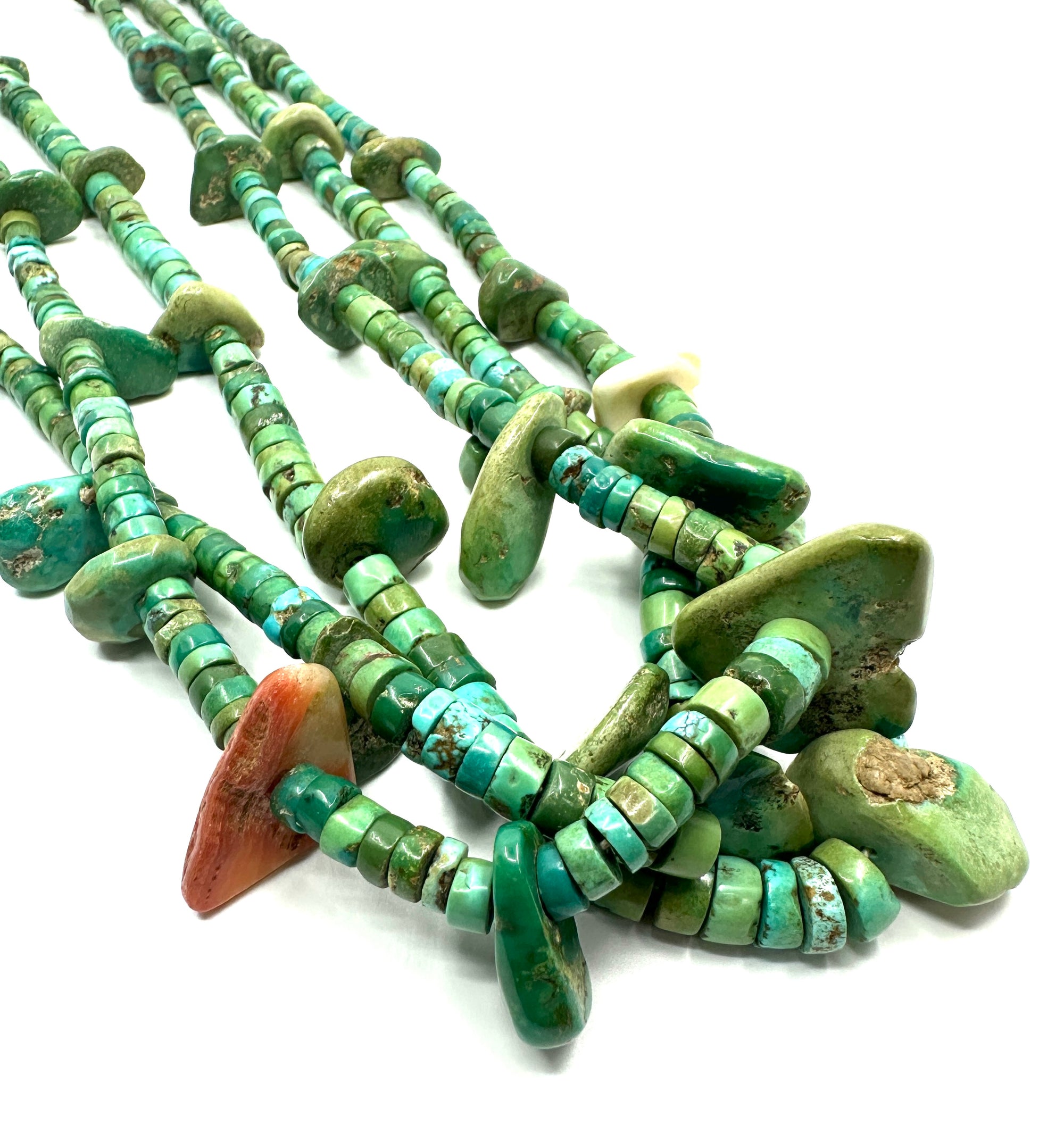 Vintage 3-Strand Turquoise Tab Necklace with Greasy Green Heishi Beads