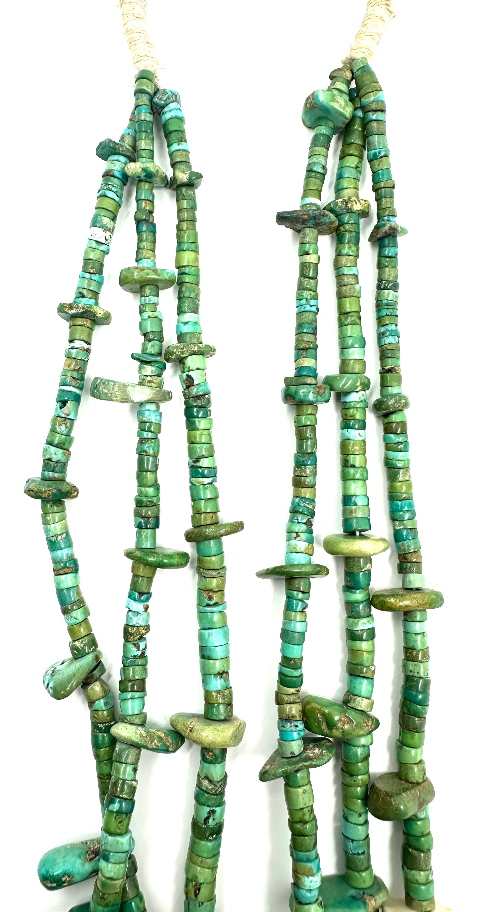 Vintage 3-Strand Turquoise Tab Necklace with Greasy Green Heishi Beads