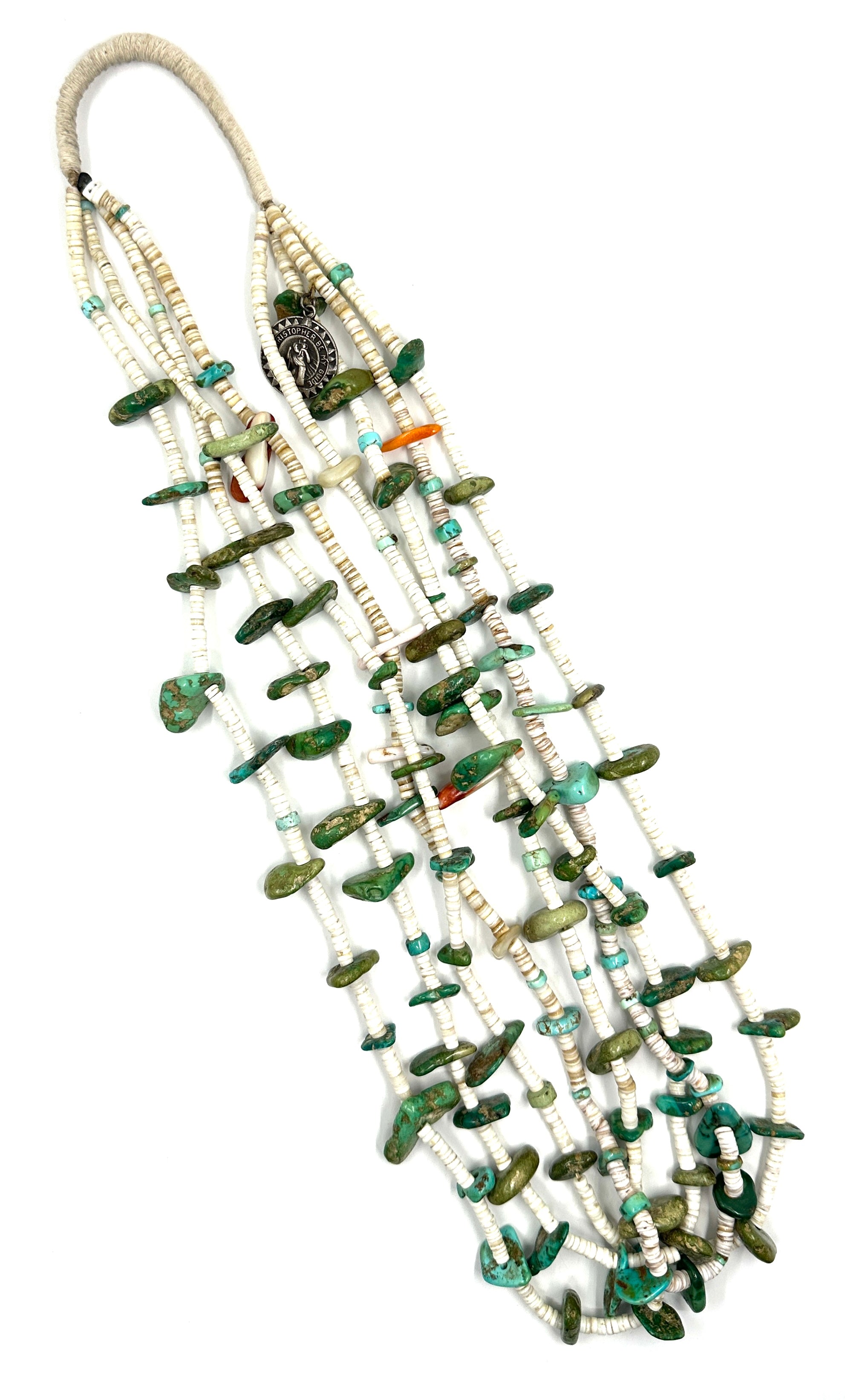 Historic Vintage 4 Strand Santa Domingo Turquoise and Shell Tab Necklace