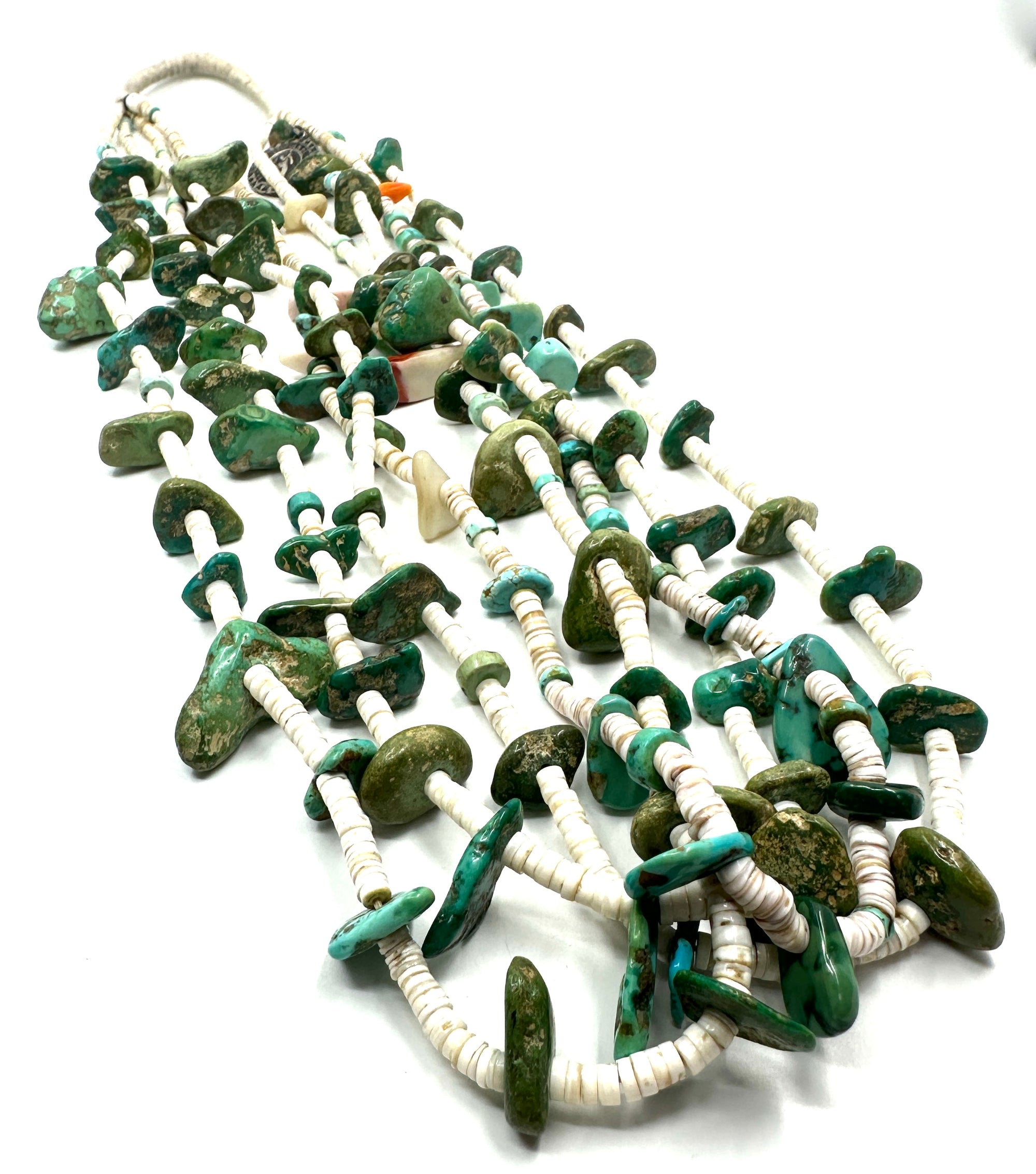 Historic Vintage 4 Strand Santa Domingo Turquoise and Shell Tab Necklace