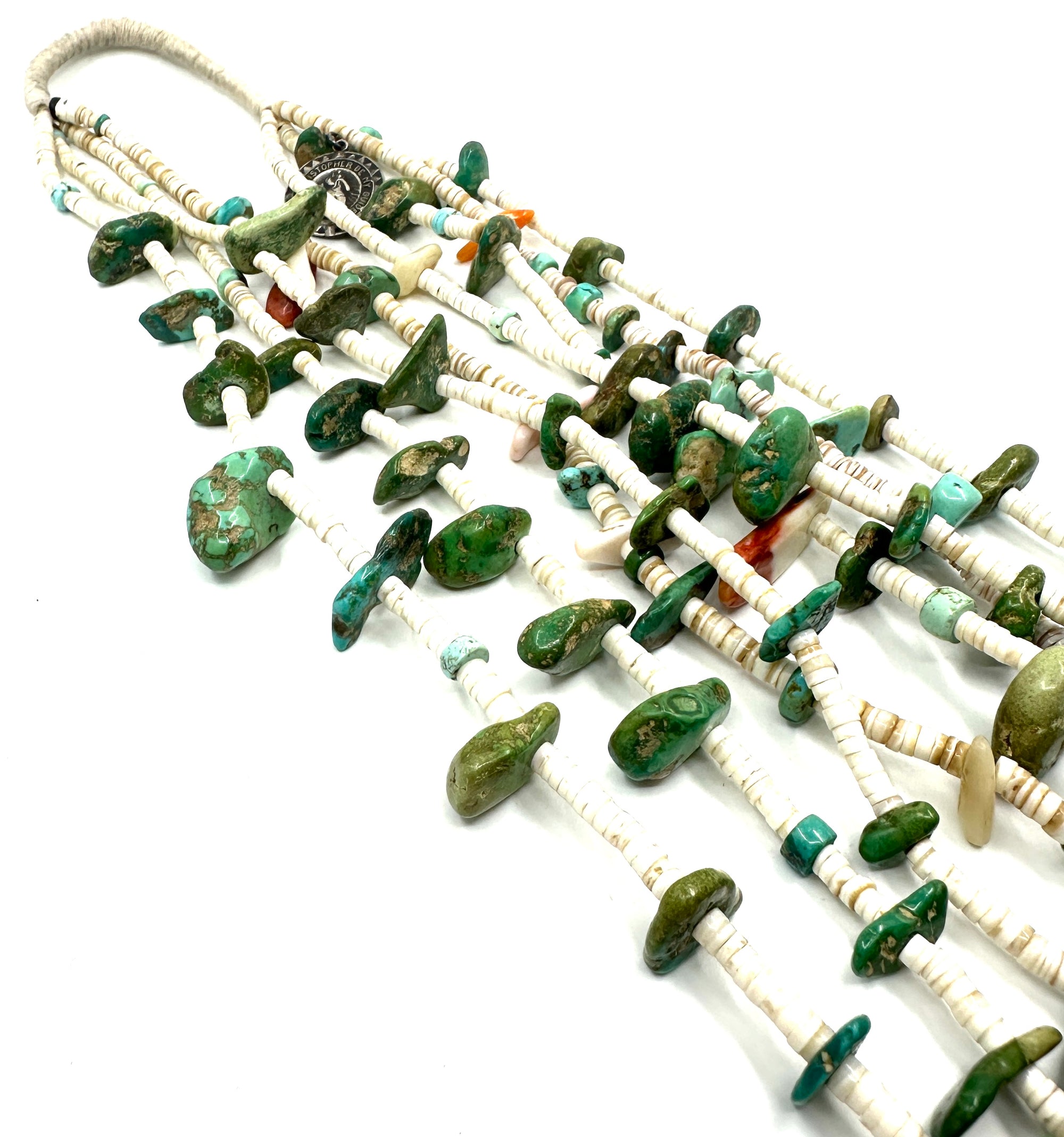 Historic Vintage 4 Strand Santa Domingo Turquoise and Shell Tab Necklace