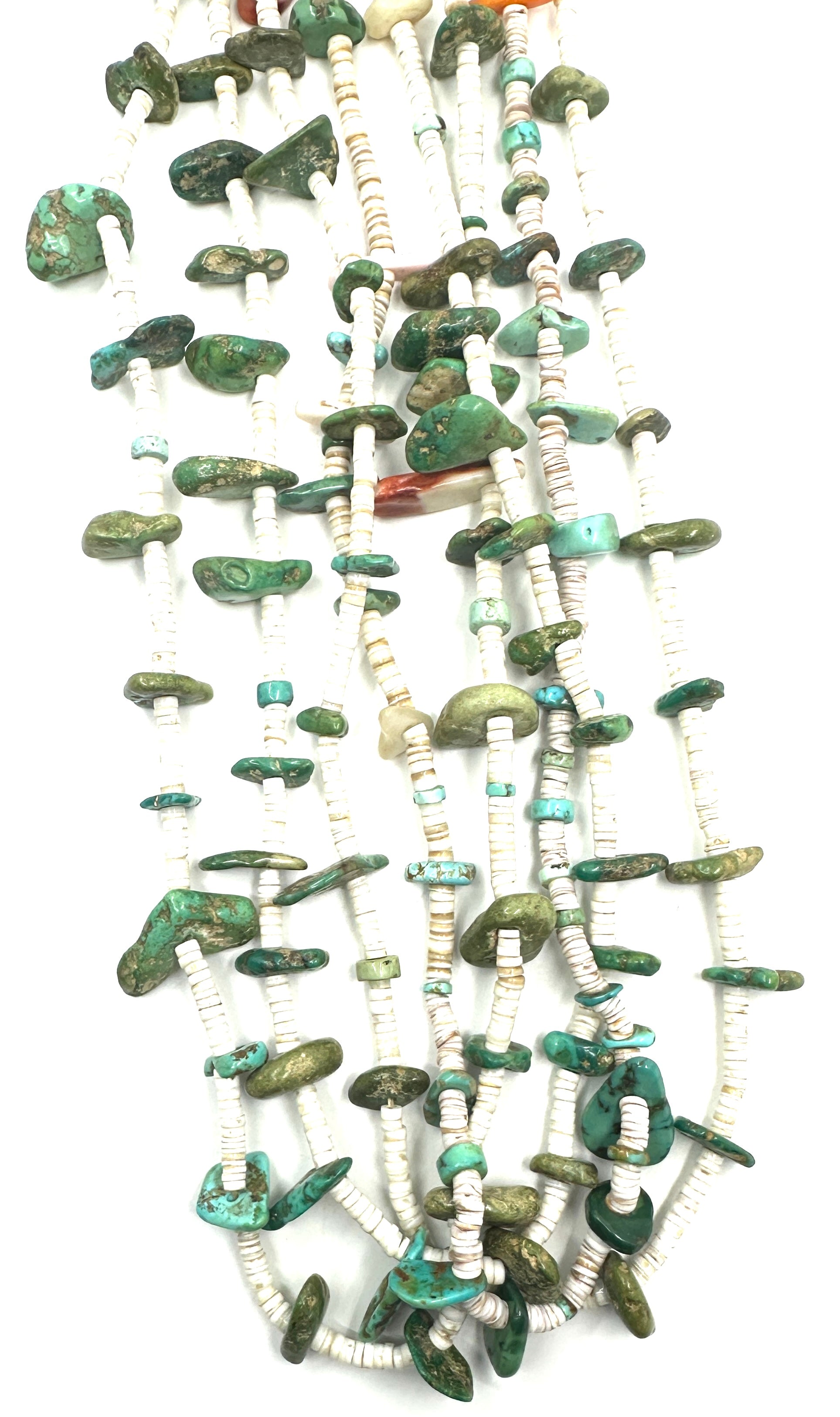 Historic Vintage 4 Strand Santa Domingo Turquoise and Shell Tab Necklace
