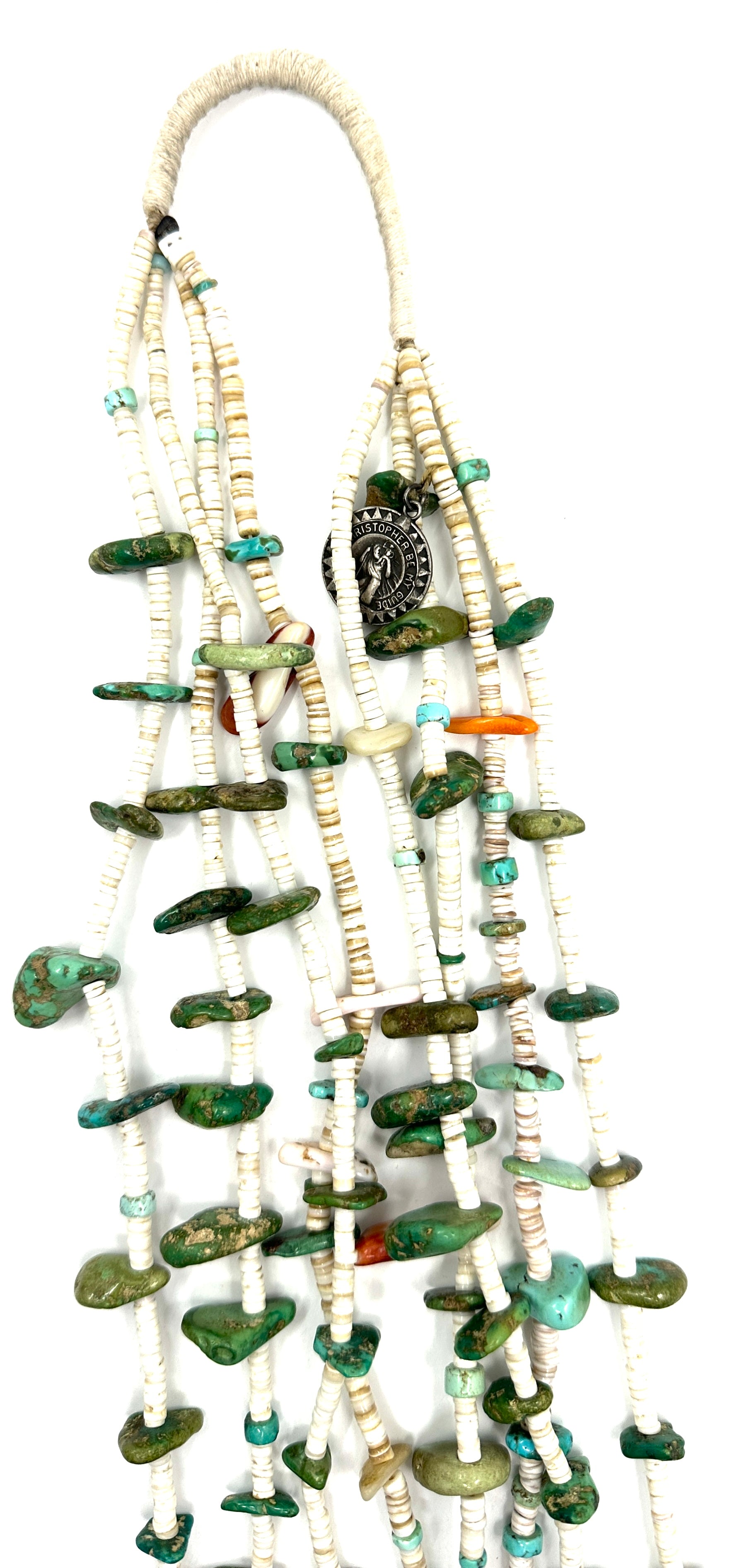 Historic Vintage 4 Strand Santa Domingo Turquoise and Shell Tab Necklace