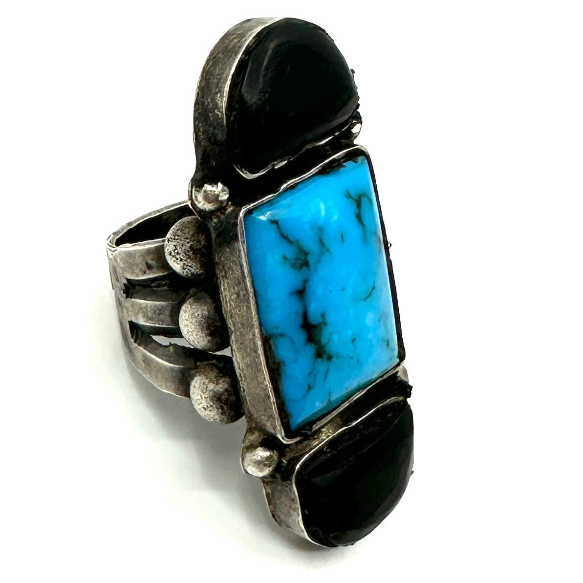 Jock Favour Turquoise and Jet Split Shank Silver Ring