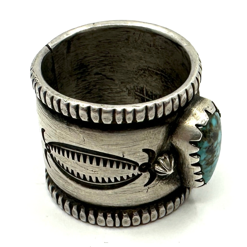 Wide Coin Silver Ring with Kingman Turquoise by Joe O'Neill (Falcon Trading Company)