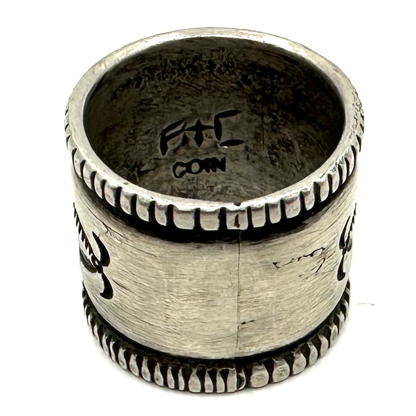 Wide Coin Silver Ring with Kingman Turquoise by Joe O'Neill (Falcon Trading Company)