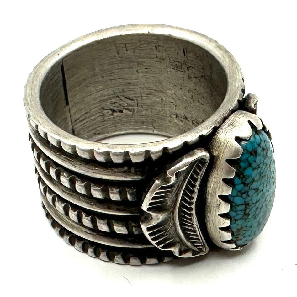 Heavy Silver Rope Ring with Kingman Turquoise by Joe O'Neill (Falcon Trading Company)