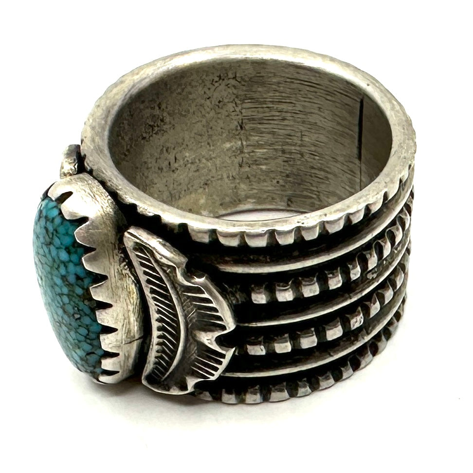 Heavy Silver Rope Ring with Kingman Turquoise by Joe O'Neill (Falcon Trading Company)