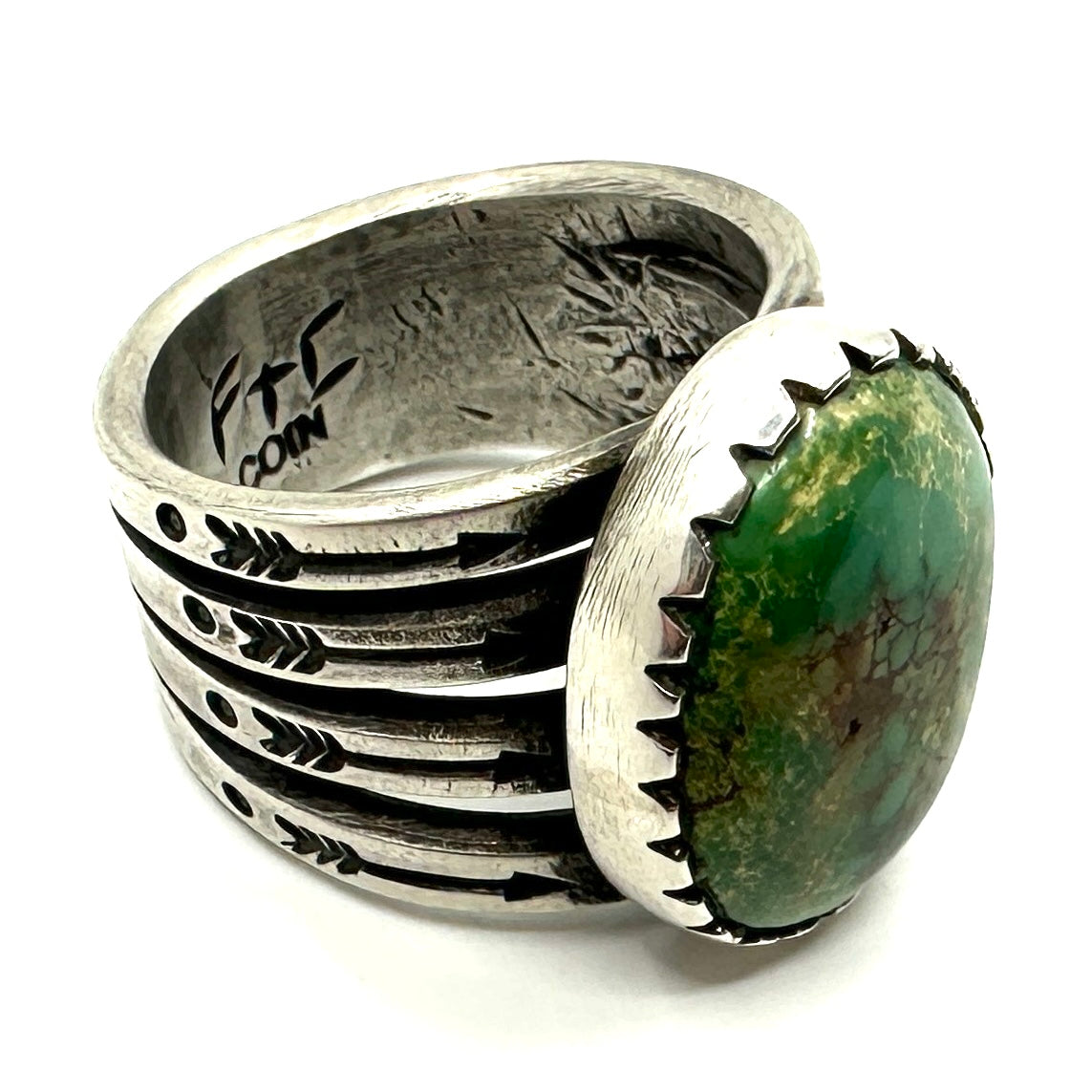 Coin Silver Split Shank Ring with Harcross Turquoise by Joe O'Neill (Falcon Trading Company)