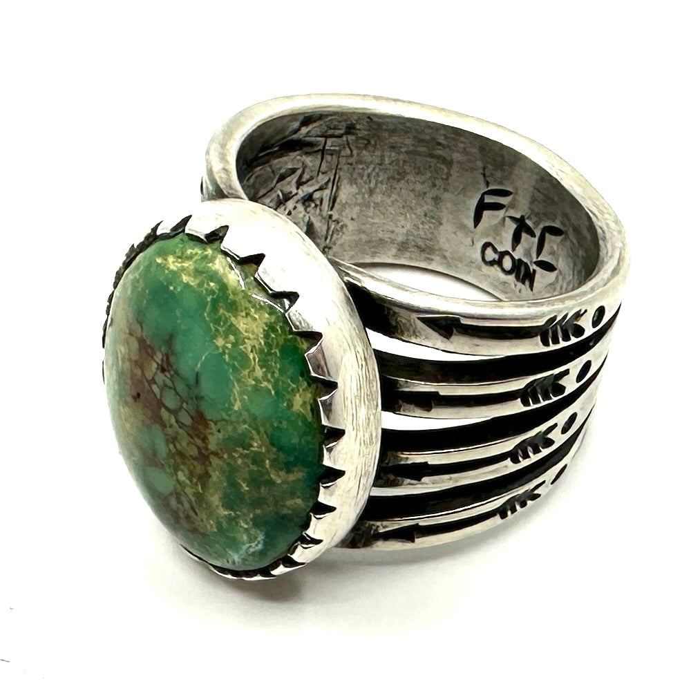 Coin Silver Split Shank Ring with Harcross Turquoise by Joe O'Neill (Falcon Trading Company)