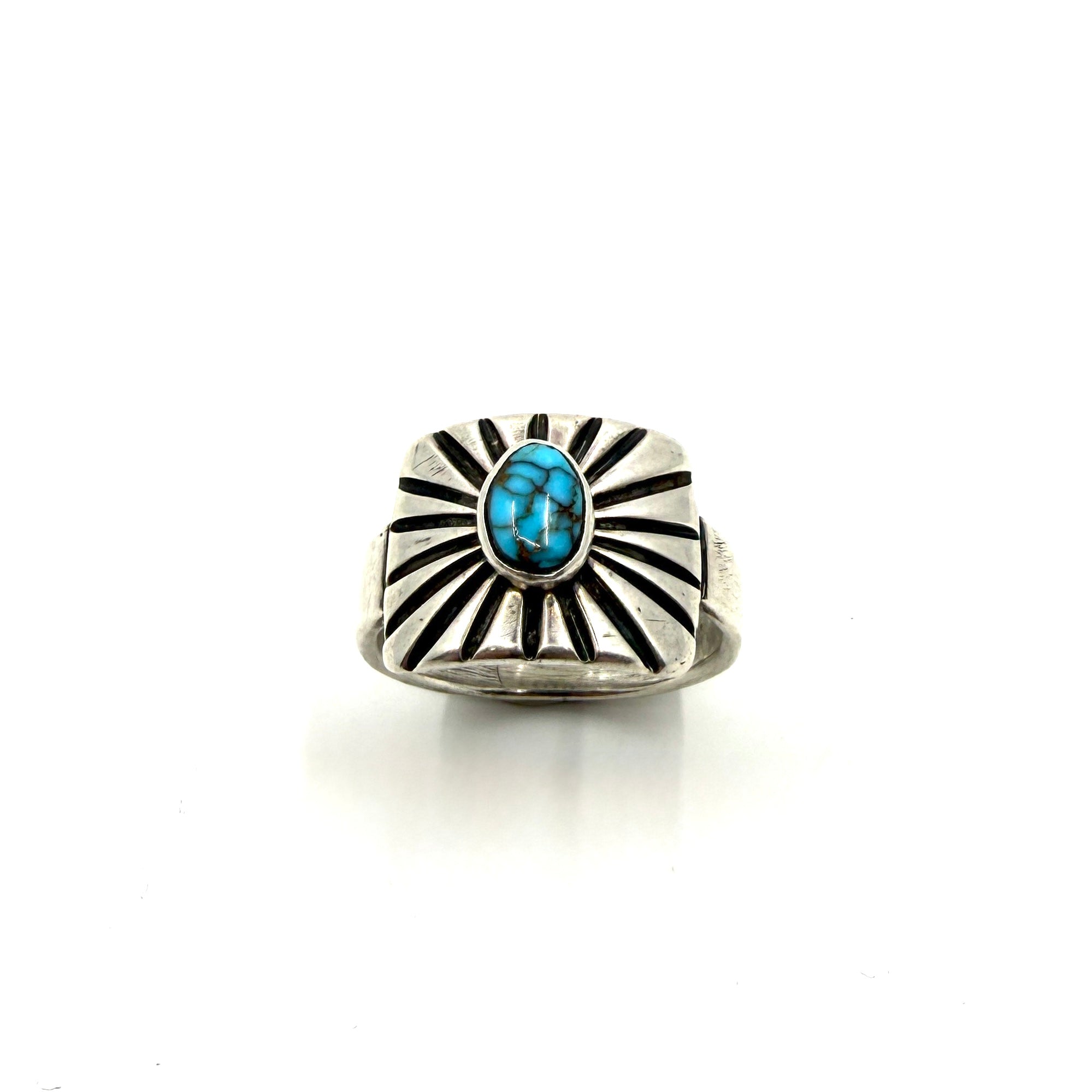Troy Oviedo Tufa Cast Sterling Silver Ring with High Grade Lone Mountain Turquoise
