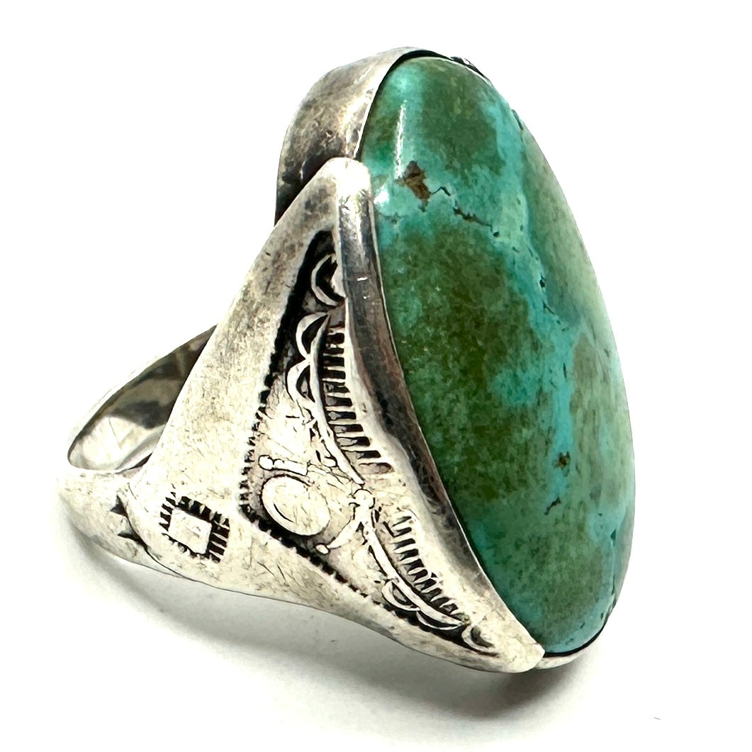 Vintage Silver Stamped Navajo Ring with Turquoise Size 6.5