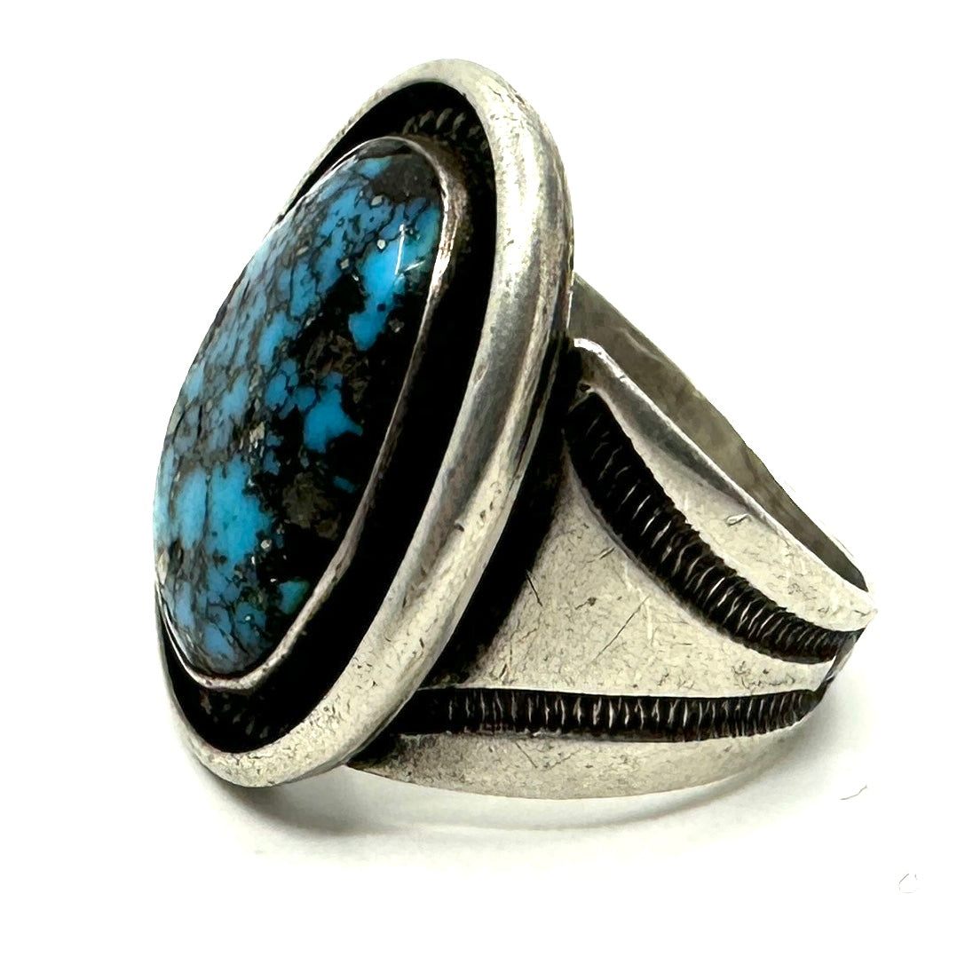 Vintage Stamped Ring with High-Grade Morenci Turquoise Size 11