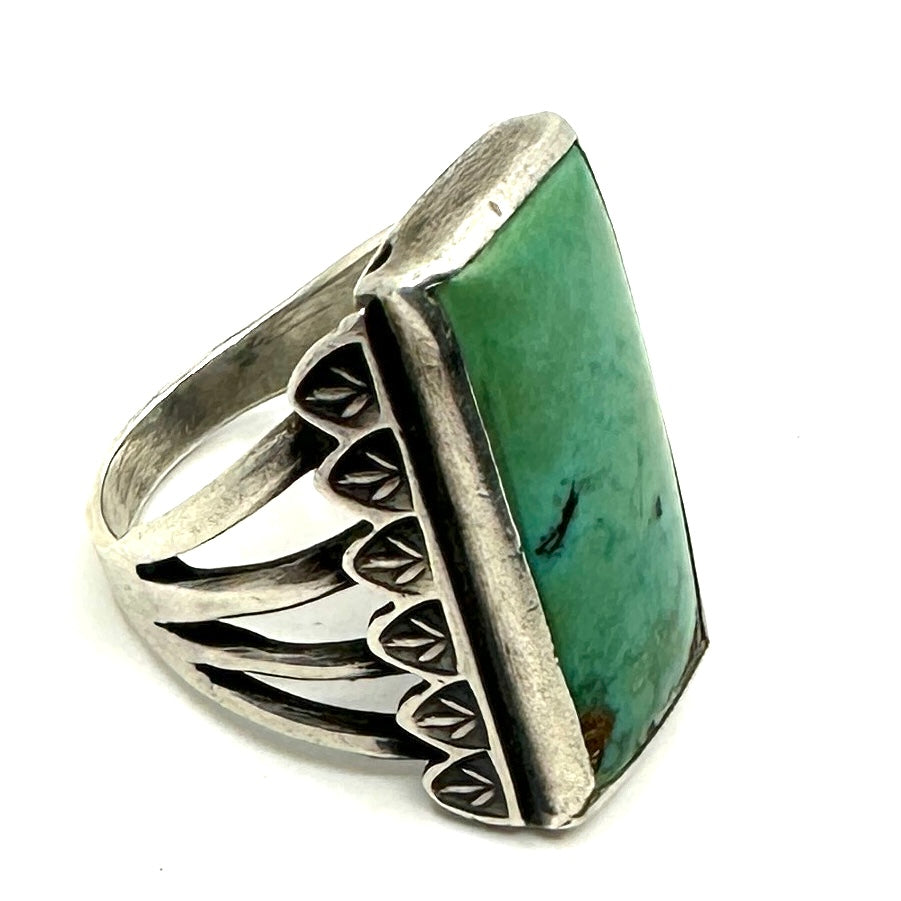 Vintage Split Shank Turquoise Ring with Stamped Appliques