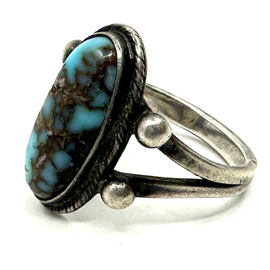 Vintage Split Shank Ring with Turquoise Cab and Silver Balls