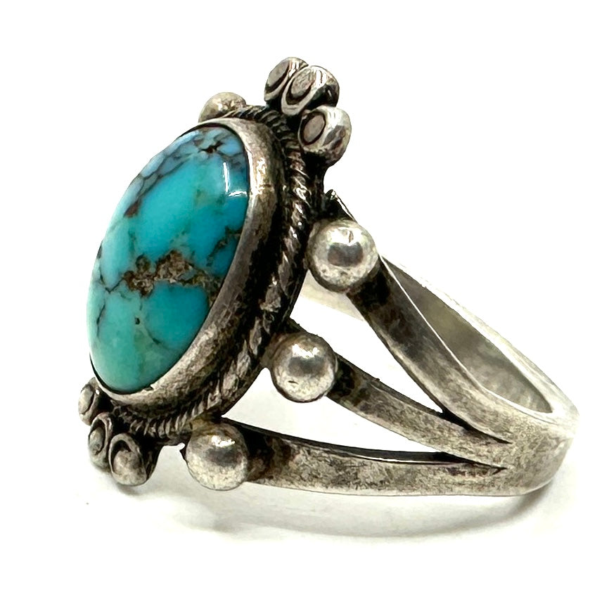 Vintage Split Shank Ring with Turquoise Cab and Silver Balls