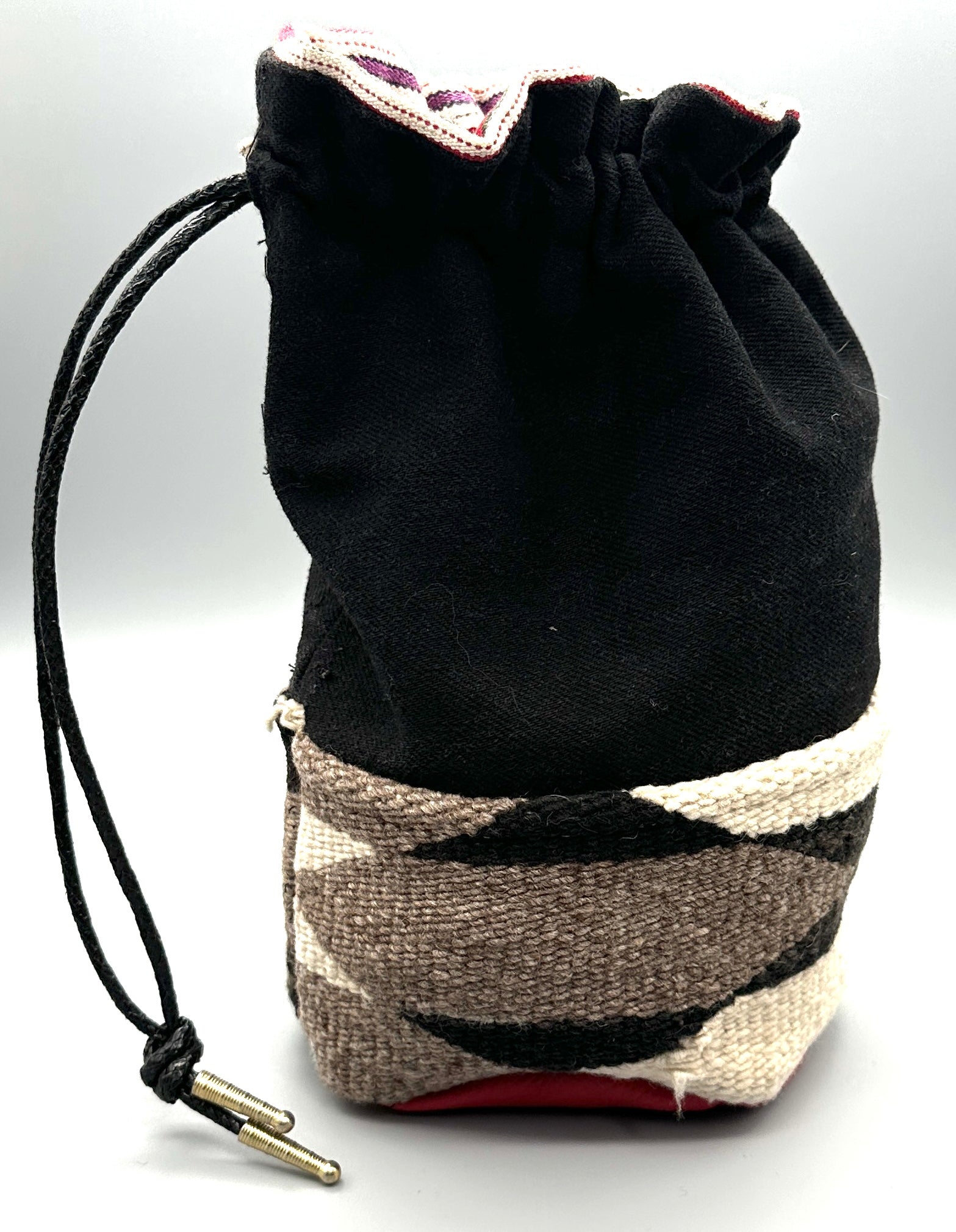 Pam Robbins Leather, Rug and Denim Drawstring Bag